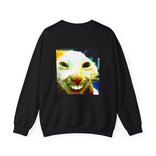 Funny Grinning Cat Crewneck Sweatshirt — Retro Meme Cat Graphic