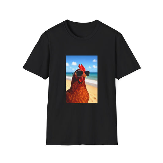 Sassy Chicken Beach T-Shirt, Funny Animal Tee, Unisex Graphic Shirt, Summer Vibe Apparel, Gift for Animal Lovers