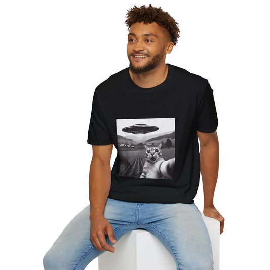 Whimsical UFO Cat T-Shirt | Unisex Softstyle Tee, Fun Gift for Cat Lovers, Quirky Apparel, Alien Enthusiasts, Casual Wear