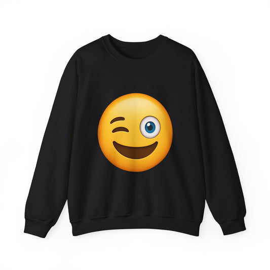 Winking Emoji Crewneck Sweatshirt, Fun Graphic Pullover, Trendy Gift for Teens, Casual Wear, Emoji Lover Apparel