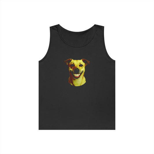 Happy Dog Unisex Heavy Cotton Tank Top, Pet Lover Gift, Summer Apparel, Dog Parent Shirt, Casual Wear, Dog Image