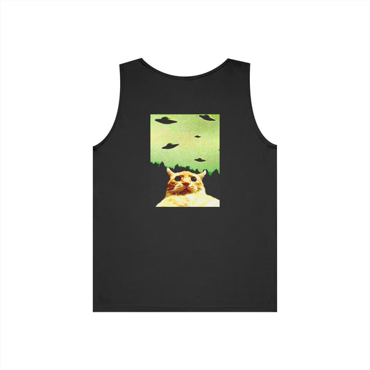 Whimsical Alien Cat Tank Top | Unisex Cotton Sleeveless Shirt | Funny Pet Gift, Summer Wear, Unique Graphic Tee, Cat Lover Gift