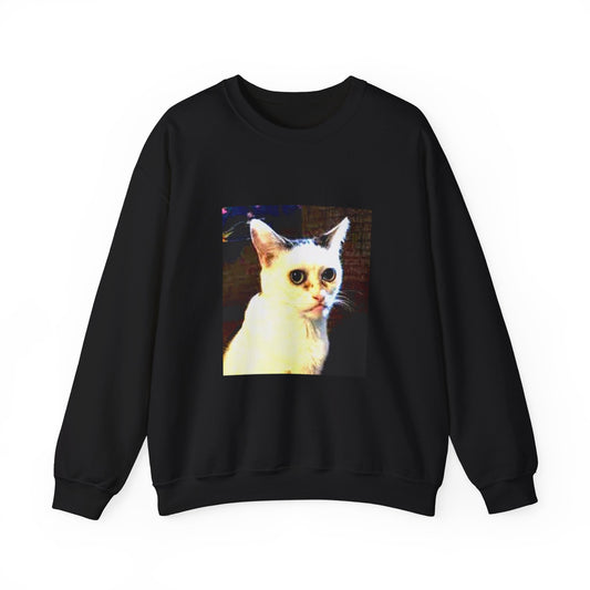 White Crewneck Sweatshirt with Retro Cat Photo Print