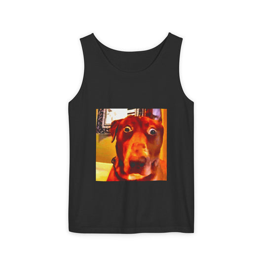 Funny Shocked Dog Tank Top — Humorous Pet Meme Tee