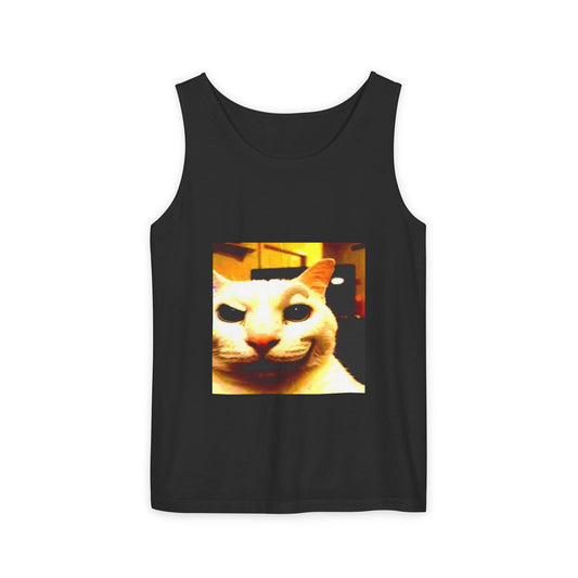 White Tank Top — Vintage Meme Cat Photo Graphic Tank