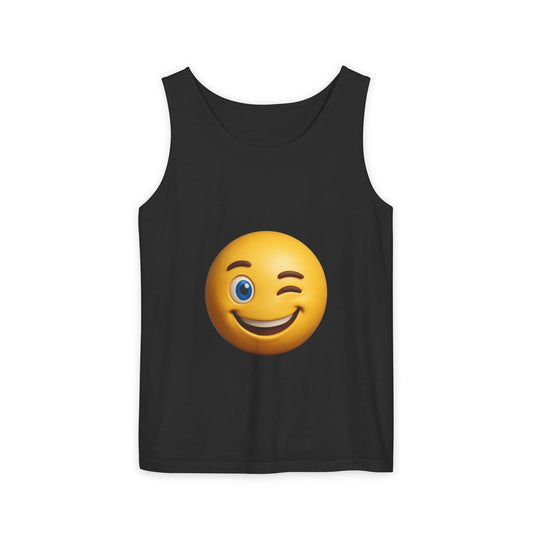 Winking Emoji Tank Top for Summer Fun, Unisex Apparel, Casual Wear, Gift for Friends, Beach Day Essentials, Celebration Outfit