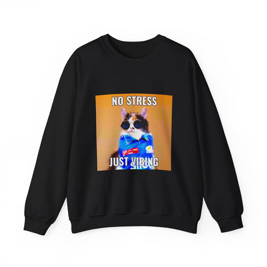 Crewneck Sweatshirt — "No Stress Just Vibing" Cat Graphic