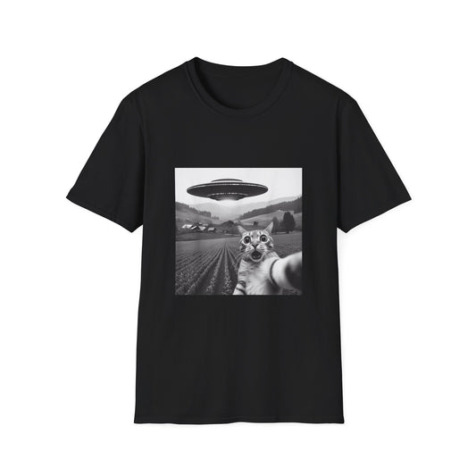 Whimsical UFO Cat T-Shirt | Unisex Softstyle Tee, Fun Gift for Cat Lovers, Quirky Apparel, Alien Enthusiasts, Casual Wear