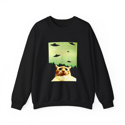 Alien Cat Crewneck Sweatshirt, Funny Sweatshirt, Cozy Gift for Cat Lovers, Unisex Casual Wear, Fun UFO Design, Perfect for Everyday Style
