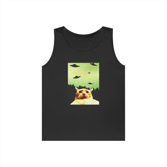 Alien Cat Unisex Heavy Cotton Tank Top, Cat Lover Gift, Funny Tank, Summer Apparel, UFO Design, Casual Wear