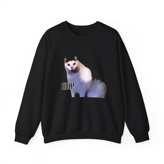 Cat Meme Sweatshirt - 'HUH!' Funny White Crewneck