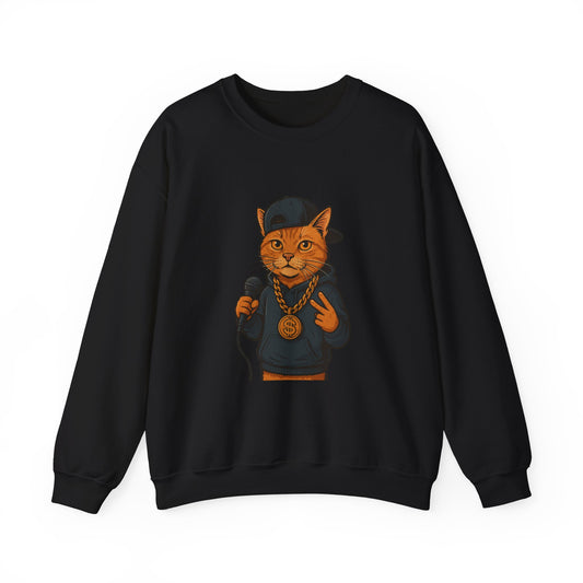 Hip-Hop Cat Crewneck Sweatshirt, Funny Sweatshirt, Unisex Apparel, Gift for Cat Lovers, Cozy Streetwear, Music Enthusiasts