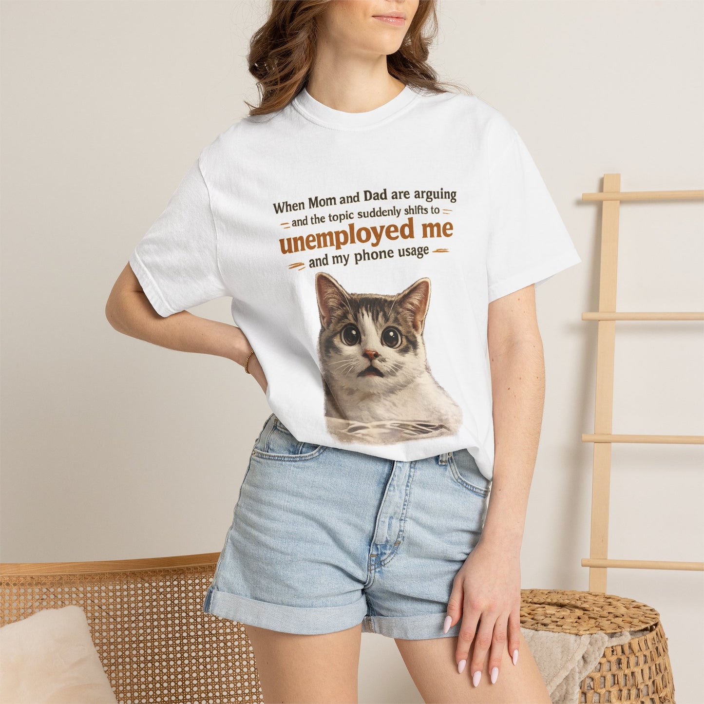 Funny Cat T-Shirt — “Unemployed Me” Meme Tee with Cute Cat Face