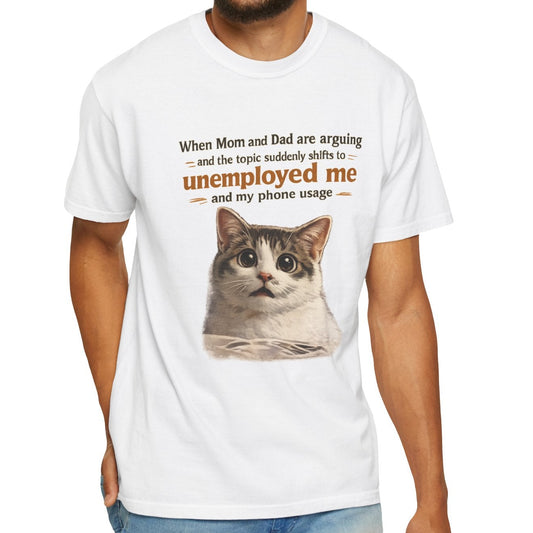 Funny Cat T-Shirt — “Unemployed Me” Meme Tee with Cute Cat Face