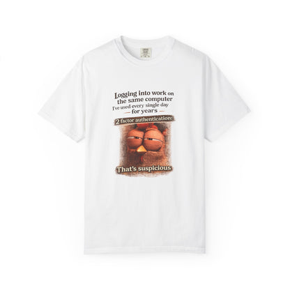 Garfield Meme T‑Shirt — "That's Suspicious" 2FA Funny Cybersecurity Tee