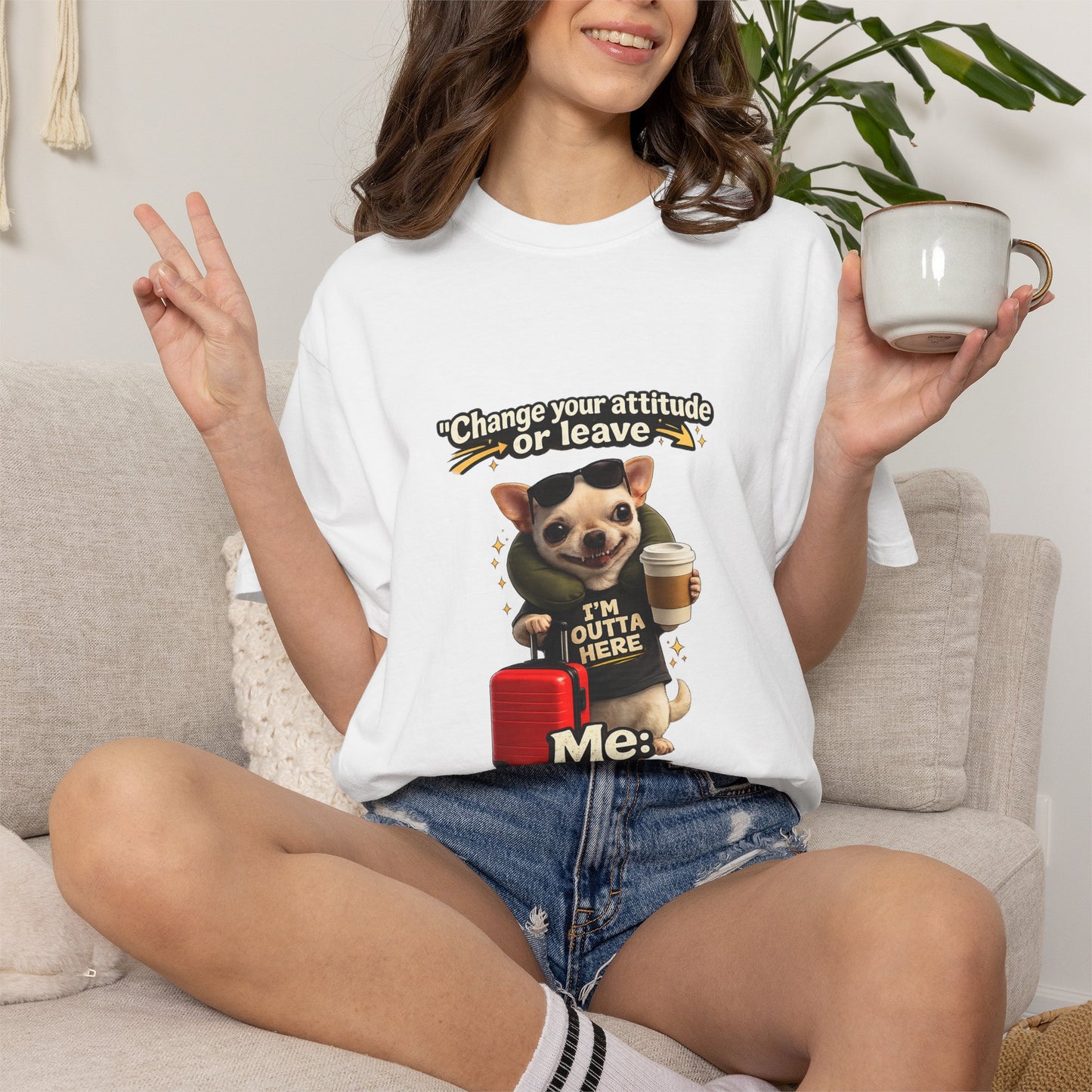 Travel Chihuahua T‑Shirt — “Change Your Attitude or Leave” Cute Dog with Suitcase Graphic