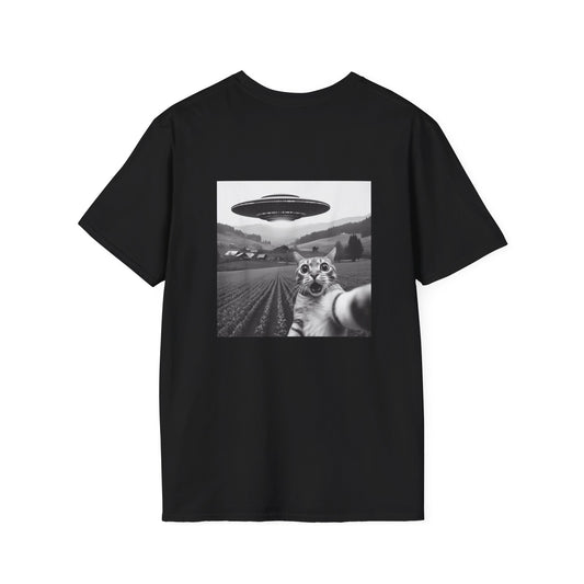 Ethereal Cat UFO T-Shirt | Unisex Softstyle Tee for Quirky Fashion Lovers, Unique Gift, Casual Wear, Cute Cat Lovers, UFO Enthusiasts