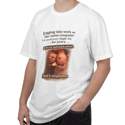Garfield Meme T‑Shirt — "That's Suspicious" 2FA Funny Cybersecurity Tee