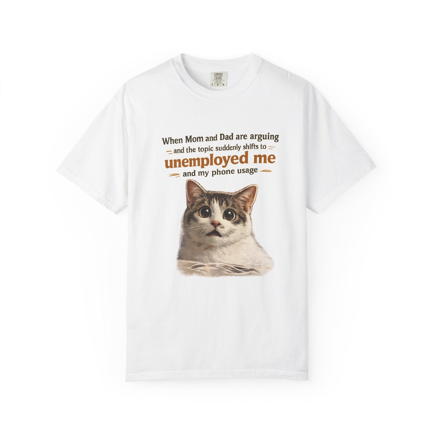 Funny Cat T-Shirt — “Unemployed Me” Meme Tee with Cute Cat Face