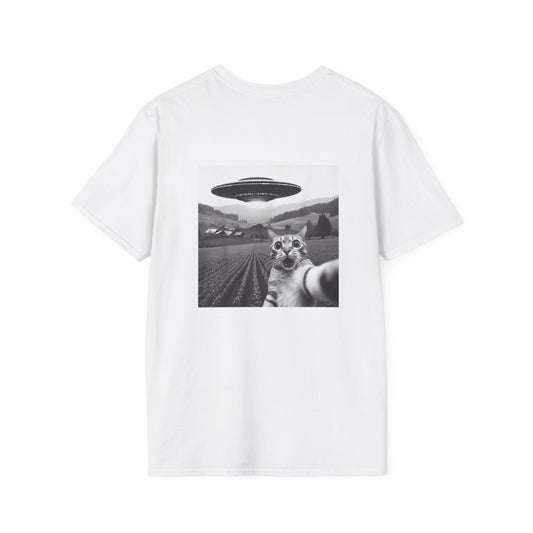 Ethereal Cat UFO T-Shirt | Unisex Softstyle Tee for Quirky Fashion Lovers, Unique Gift, Casual Wear, Cute Cat Lovers, UFO Enthusiasts