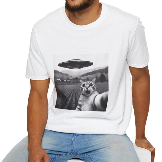 Whimsical UFO Cat T-Shirt | Unisex Softstyle Tee, Fun Gift for Cat Lovers, Quirky Apparel, Alien Enthusiasts, Casual Wear